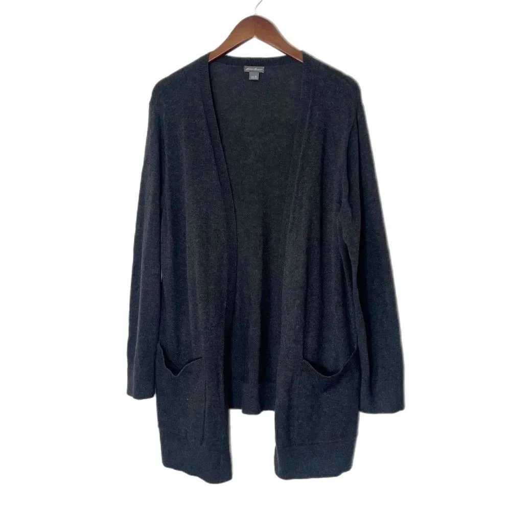 Eddie Bauer Christine Boyfriend Cardigan Dark Gray Open Front Knit Sweater